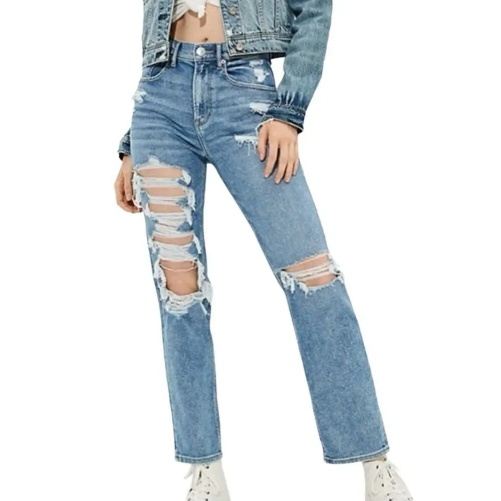 American Eagle Jeans Women's 2 Blue Highest Rise 90s Boyfriend Detroyed Stretch